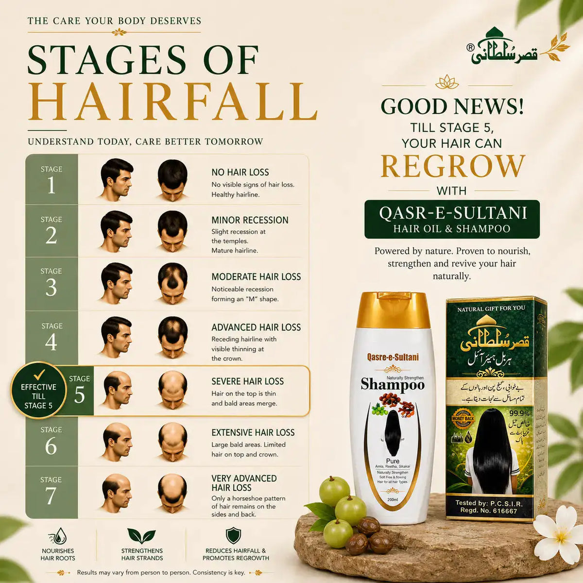 An informational infographic titled 'STAGES OF HAIRFALL' with illustrated hair loss progression stages, promotional text in English and Arabic, and two product boxes for QASR-E-SULTANI Shampoo and Hair Oil & Shampoo. Because the image is primarily an explanatory marketing graphic rather than a clean product-only shot, I classify it as Instruction Diagram rather than Product/Packaging.