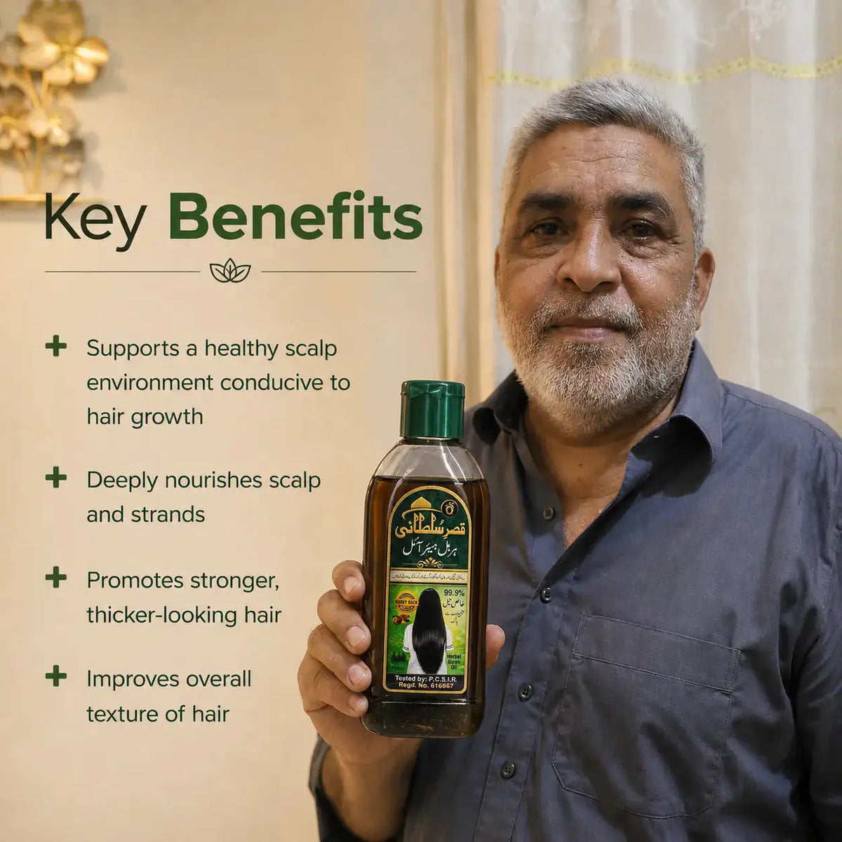 A man in a blue shirt holds a bottle of hair growth shampoo while a text overlay on the left lists key benefits under the heading 'Key Benefits'.